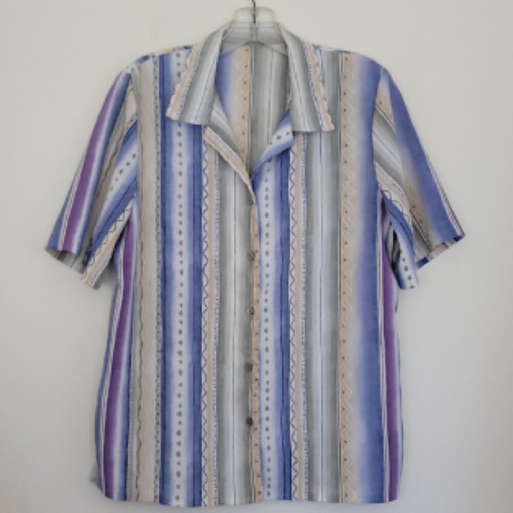 Vintage Watercolor Stripes Short Sleeve Button Up Blouse Top 12 / L